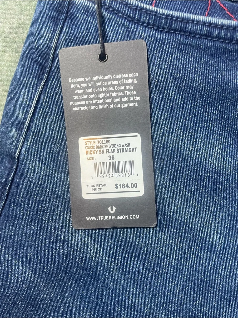 True Religion Ricky Men's Straight Jeans in Dark Blue with Red Accents